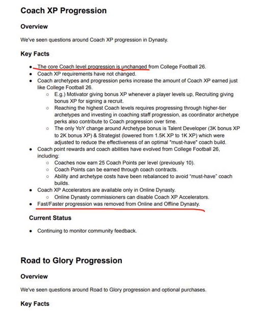 EA has responded, but sounds like they’re gonna stand firm for now and double down on the changes with micro transactions

They’re also using creators to push their messaging without making a statement themselves or addressing anything

“the core coach level progression is unchanged from CFB 26” true, but normal is way too slow, and you REMOVED 2 faster settings

They acknowledge “Fast/Faster Coach Progression was removed from Dynasty,” 0 update on a plan to bring it back 

ZERO mention of removing XP sliders from Road to Glory either

“continuing to monitor community feedback” basically meaning we don’t wanna make a change because we think it’ll blow over lmao

I can’t believe this is the response the College Football team is making. Do better @EASPORTSCollege #CFBPlayDontPay