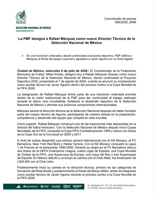 La FMF designa a Rafael Márquez como nuevo Director Técnico de la Selección Nacional de México. 