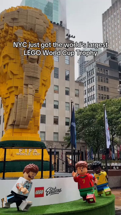 FIFA World Cup 26 partnered with Secret NYC to promote their 27-foot LEGO World Cup Trophy installation at Rockefeller Plaza 