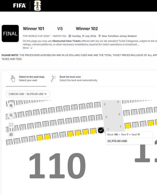 FIFA just released a few dozen front-row World Cup Final tickets at $32,970/ea.

The outrageous ticket prices posted on X are virtually always resale. This is face. TicketData doesn't track face value for all events but this is the highest face price I can ever recall seeing. 