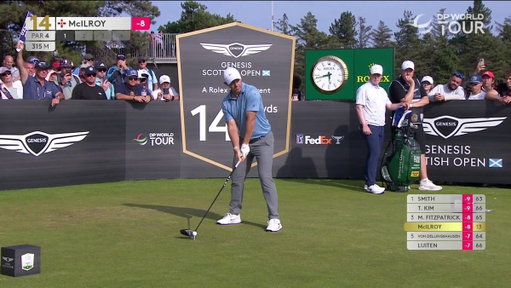 Rory drives the 14th green with a ROCKET 🚀

A two-putt birdie sees him regain a share for the lead 👏

#GenesisScottishOpen | #RolexSeries 