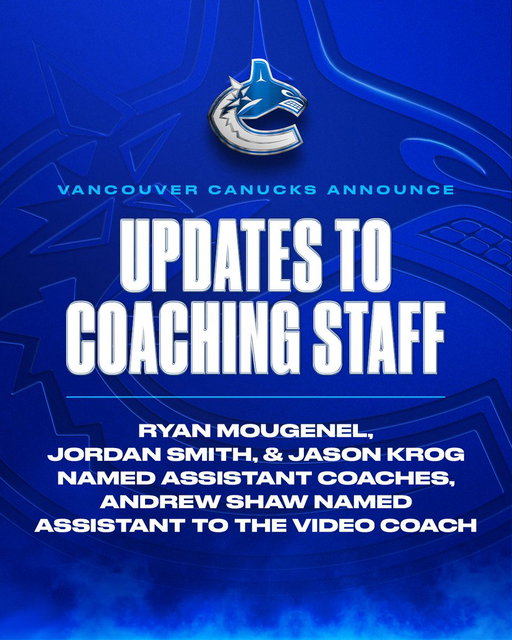 General Manager Ryan Johnson announced today that the #Canucks have named Ryan Mougenel, Jordan Smith, and Jason Krog Assistant Coaches, and Andrew Shaw as Assistant to the Video Coach.

DETAILS | http://vancanucks.co/3R1lss7 
