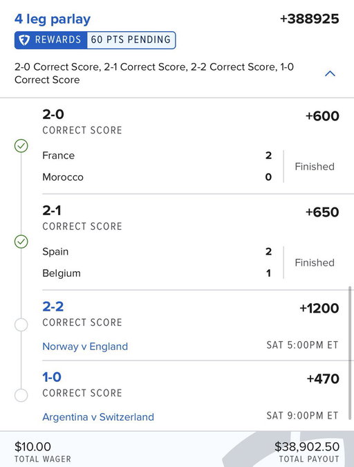No Cash Out offered, not like I would take it. 

We got the toughest leg to go tomorrow afternoon 