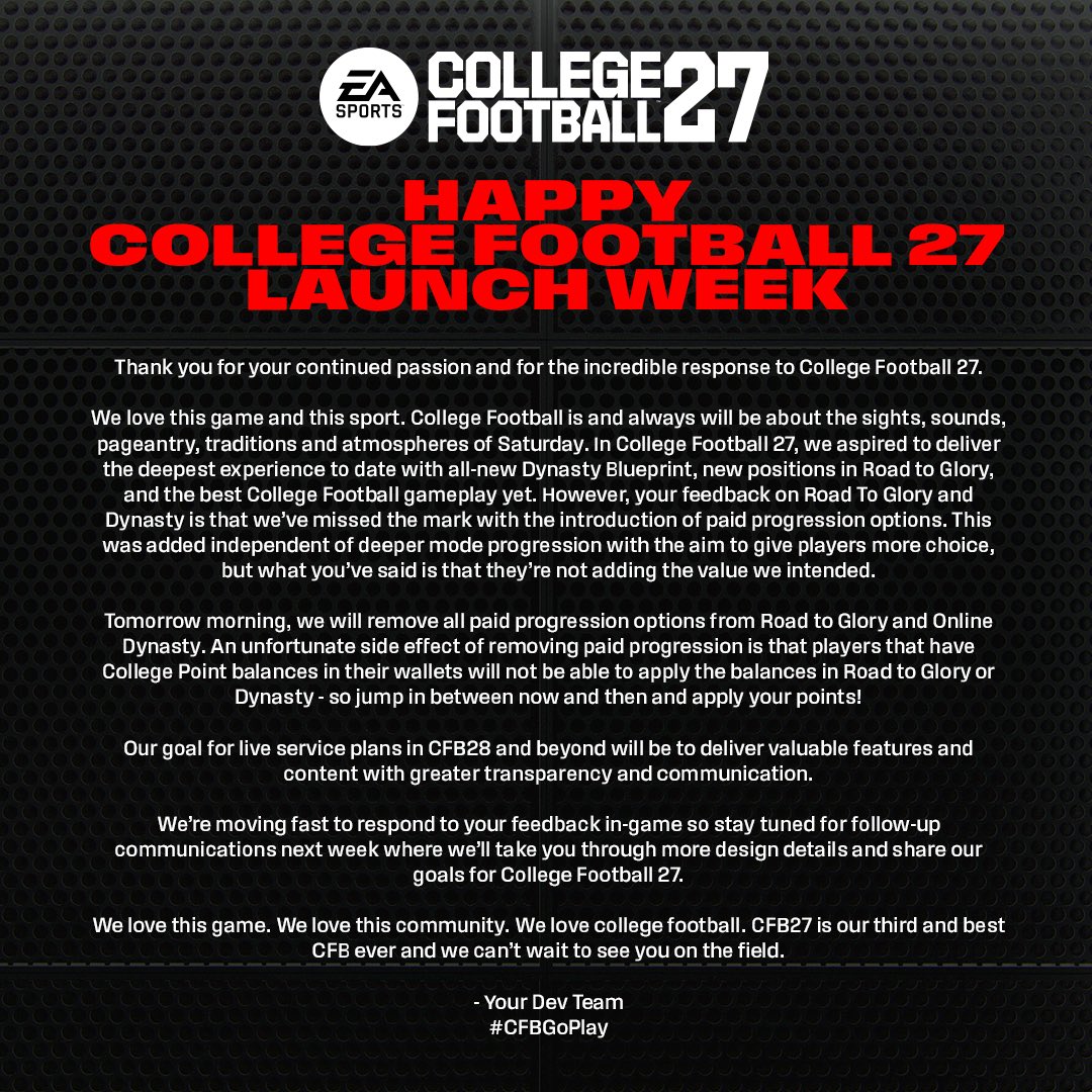 An update from the College Football 27 Team. #CFBGoPlay 