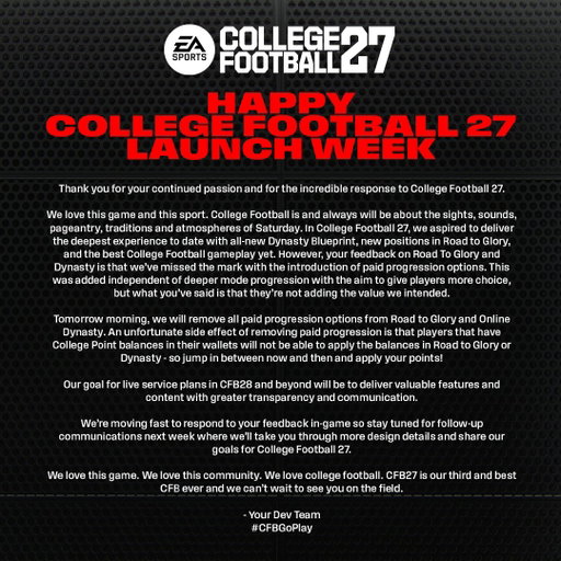 An update from the College Football 27 Team. #CFBGoPlay 