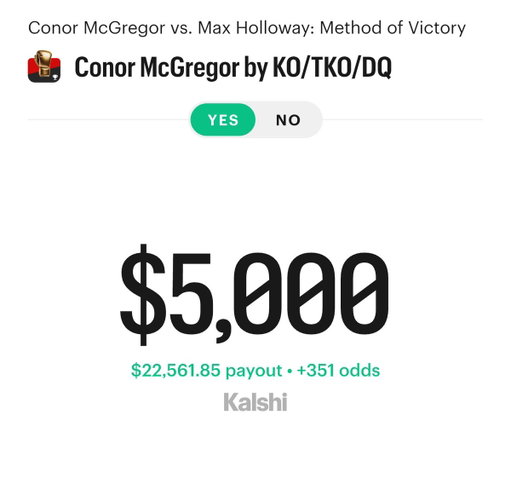 McGregor KO’s Holloway tonight 🚨

If he does we’re giving away $500!

How to enter:
• Like 
• Retweet 
• Follow

Want to get in on the action? Sign up to Kalshi now ➡️ http://kalshi.com/r/OJ 