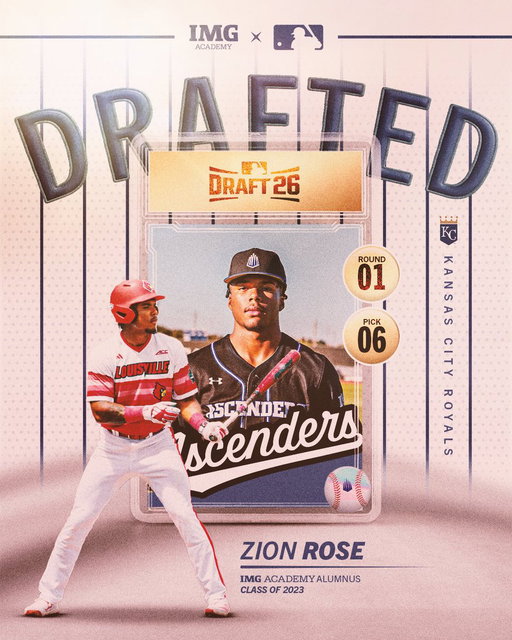 FOUNTAINS UP 👑
 
THE PICK IS IN ‼️
Zion Rose ➡️ @Royals 
 
🔵 Second highest draft pick in IMG Academy history
🔵 Sixth first-round pick in IMG Academy Baseball history
 
#MLBDraft | #FountainsUp 