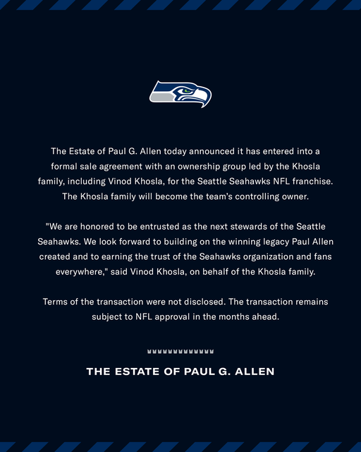 Estate of Paul G. Allen Reaches Agreement to Sell Seattle Seahawks 