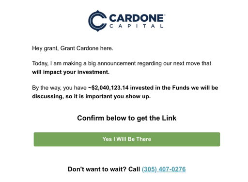 🚨Urgent Investor’s call tonight Cardone Capital Fund V special call. If you’re an investor in Cardone Capital Fund V make sure you’re on the call tonight. Link is http://cardonecapital.com/investorupdate.   Call 786-418-6695

This concerns Fund V & your investment in 10X Sawgrass, 10X DelRay, 10X Stella, 10X Breakfast Point, and 10X Naples.  This a combined fund of $481 million with $162 million cash raise from investors. Tonight’s call impacts your investment so make sure you’re on it.  Or call 786-418-6695

This is not a public offering to invest, and investment disclosures are at Cardone Capital
