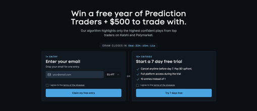 🚨We're giving away a full year of Prediction Traders plus $500 to trade with! 🚨

$5,900 in value. Enter with just your email, takes 10 seconds👇
https://oddsjam.com/prediction/traders/world-cup-giveaway 