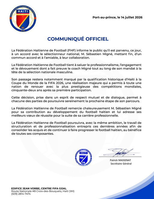 Communiqué officiel | Fédération Haïtienne de Football

La Fédération Haïtienne de Football informe le public qu’un accord à l’amiable a été conclu avec le sélectionneur national, M. Sébastien Migné, mettant un terme à leur collaboration. 