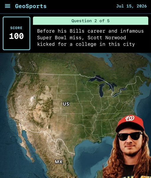 All 5 GeoSports questions today are written by @PFTCommenter 

GeoSports · July 15th
🟢🟢🟡🟢🔴
723 / 1,000
http://www.geosports.app/ 