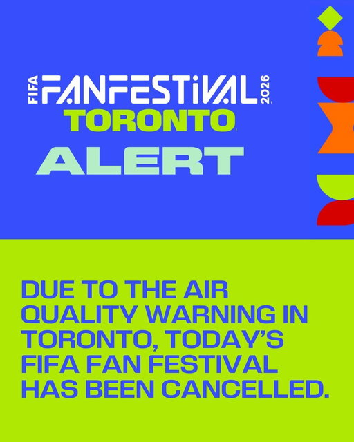 Due to the orange air quality warning in Toronto, today’s FIFA Fan Festival has been cancelled. 

The health and safety of attendees, staff, volunteers, and emergency personnel remains our top priority.  

Premium ticket holders will be contacted directly regarding refunds. 