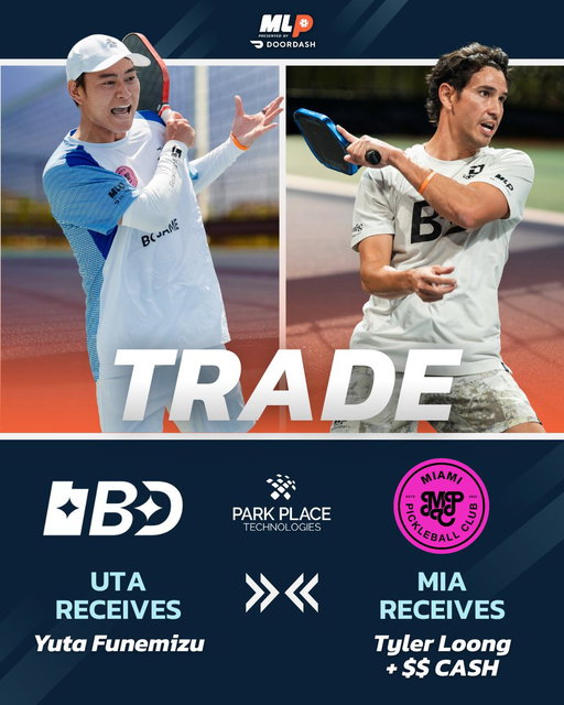 🚨 TRADE ALERT served by @parkplacetech 

Another blockbuster is on the move. 👀

🤝 Utah Black Diamonds receive Yuta Funemizu
🤝 Miami Pickleball Club receives Tyler Loong and cash considerations

#MLP2026 
