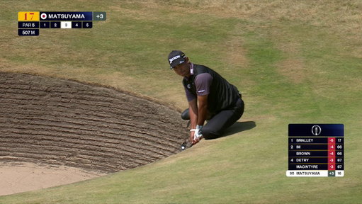 Pot bunker. Awkward stance. No problem for Hideki Matsuyama. 