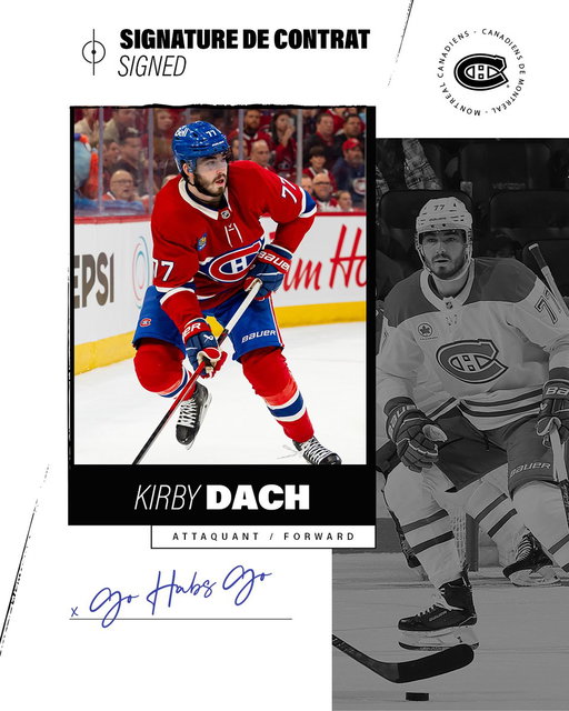 Les Canadiens s'entendent sur les termes d'un contrat d'une saison avec l’attaquant Kirby Dach.

The Canadiens have agreed to terms on a one-year contract with forward Kirby Dach.

#GoHabsGo 