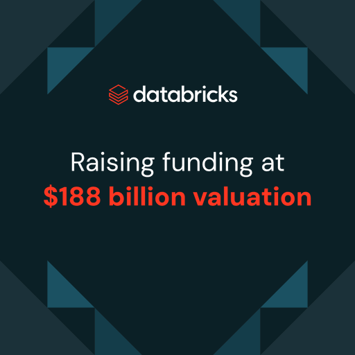 We’re excited to announce that Databricks is raising strategic funding, valuing the company at $188 billion.

We’ll use this new capital to accelerate our AI offerings for customers, including: 
- Unity AI Gateway, our multi-AI governance solution that helps enterprises govern and control the costs of their AI
- Genie, our AI coworker that turns business data into trusted answers and actions 
- Lakebase, our serverless Postgres database built for AI agents

https://www.databricks.com/company/newsroom/press-releases/databricks-raising-strategic-round-funding-188-billion-valuation