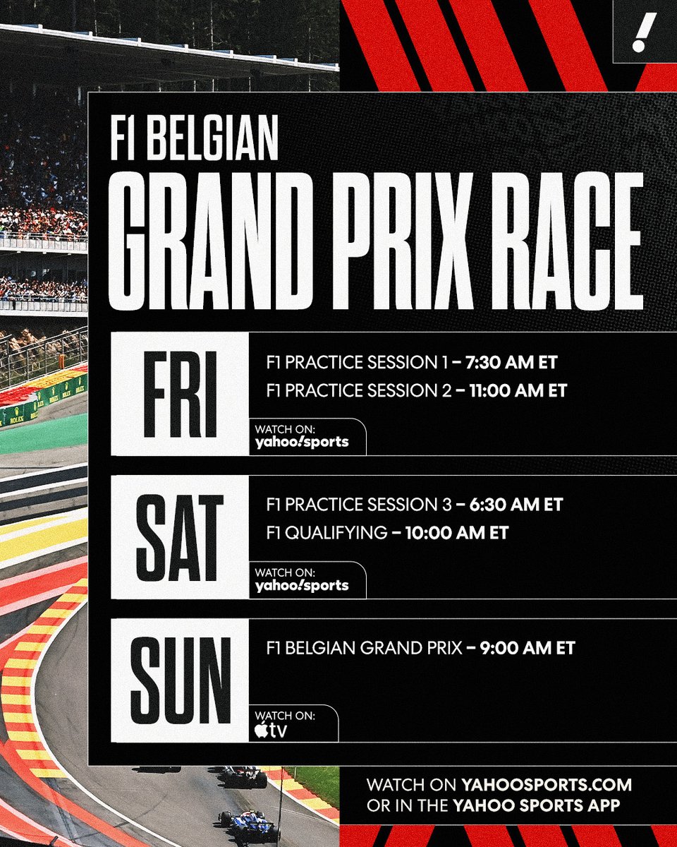 Belgian Grand Prix practice is LIVE on Yahoo Sports and the Yahoo Sports app 🏎️ 

Start your weekend of full F1 coverage now at https://t.co/7lzURltWT1 