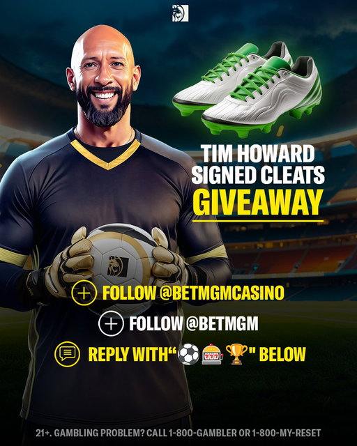 GIVEAWAY 🚨 We're giving 2 lucky winners a pair of @timhowardgk signed cleats! 
Here’s how to enter 👇
1️⃣ Follow @BetMGMCasino & @BetMGM
2️⃣ Reply with '⚽️🎰🏆' below
Deadline to enter is Sunday, 7/19 at 11:59pm ET. Link to T&C’s in bio. Winners will be selected at random and contacted on Friday 7/24. Good Luck 🙌