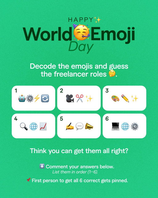Think you can decode all 6 freelancer roles?

Drop your answers in order (1–6) below. The first person to get them all right gets pinned. 📌

And if one of these roles is already on your hiring wishlist, you know where to find them. 😉 