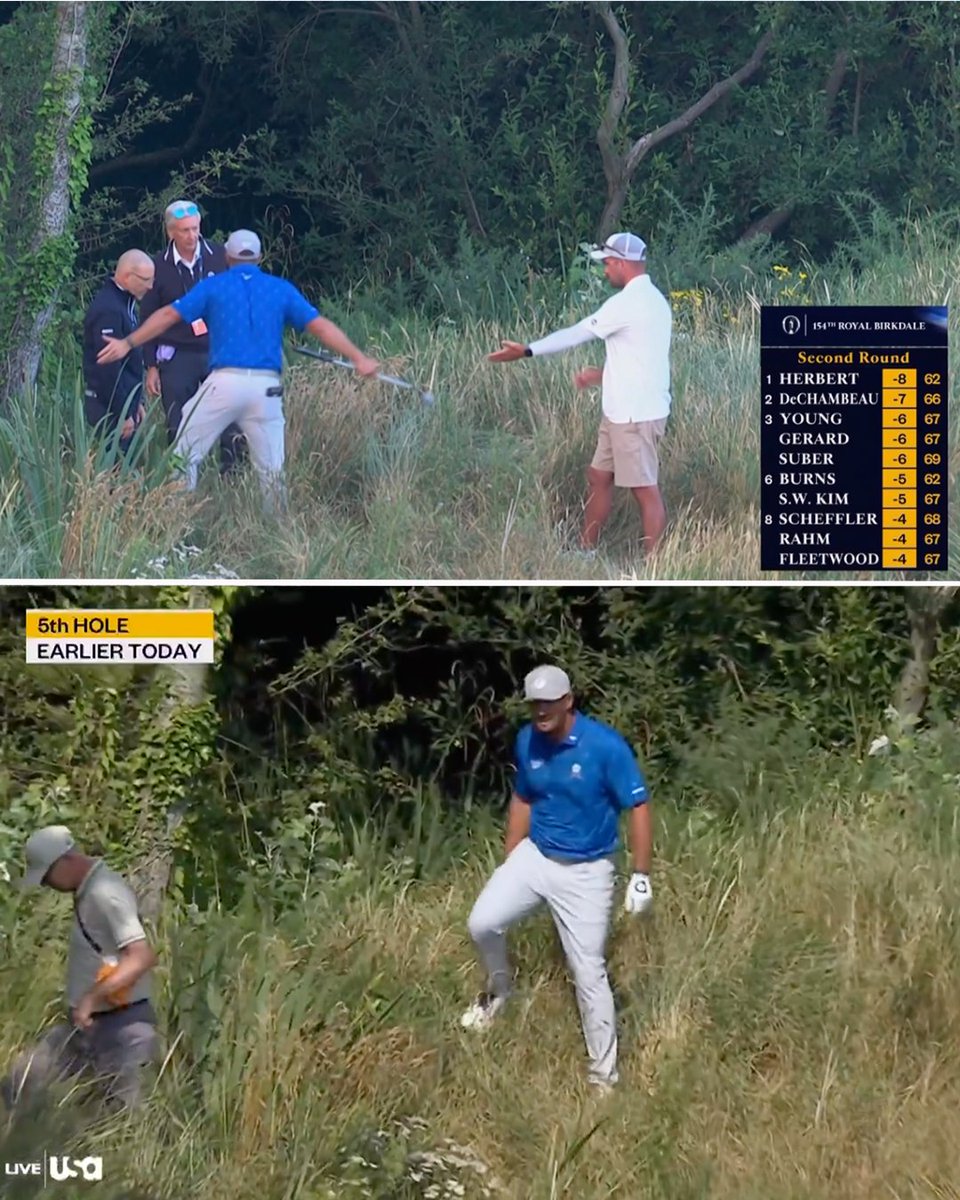 Bryson DeChambeau is visibly upset as he currently talks with rules officials about a possible violation on the 5th hole during his second round.

DeChambeau and the officials went back to the hole to determine whether or not he bettered his lie by stepping on the grass surrounding his ball.

DeChambeau currently sits solo 2nd but will be given a 2-stroke penalty if the violation is confirmed.