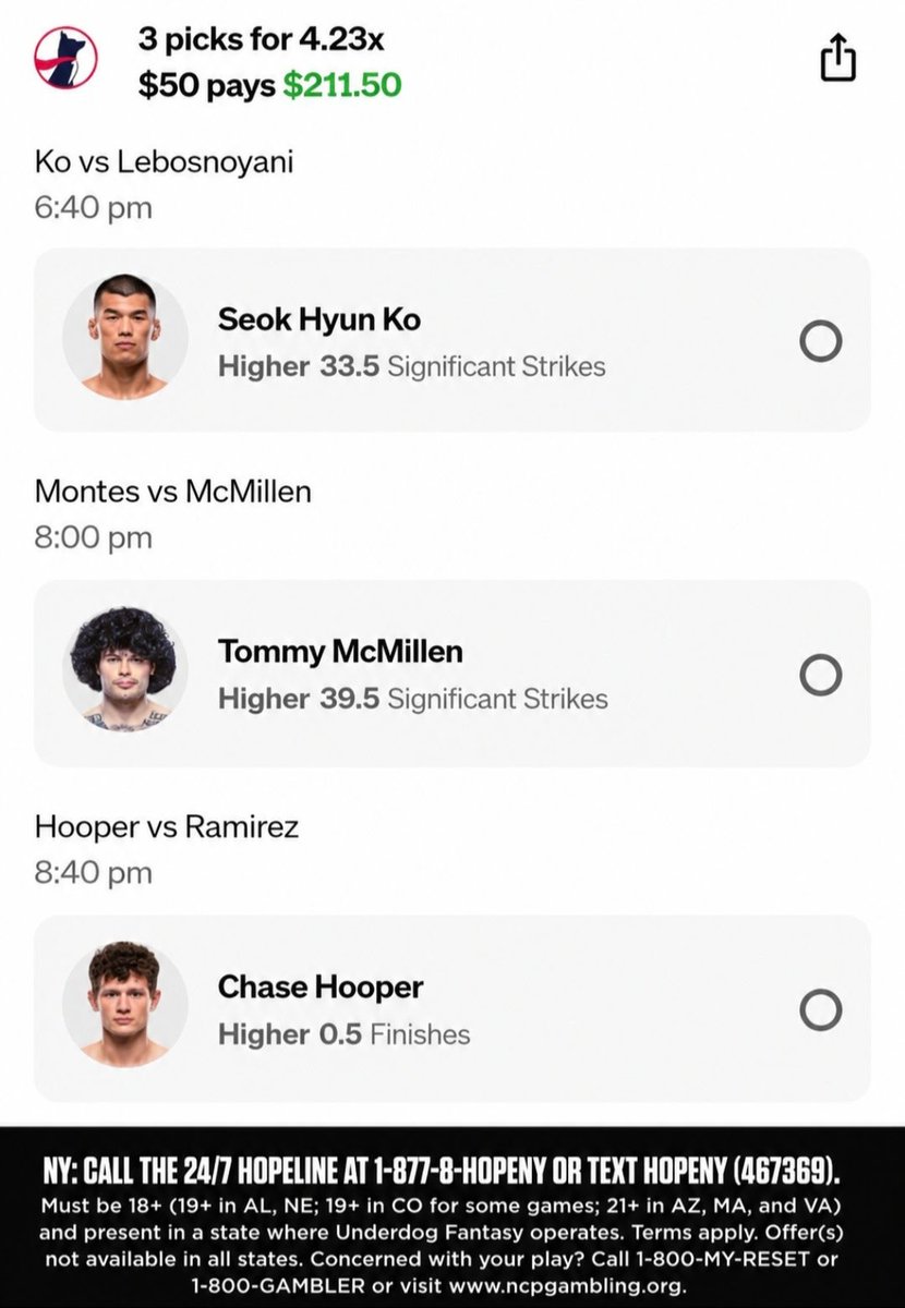 UFC fight night picks. 
Use code ZIRK and get $50 in funds after your first $5 entry. 
https://t.co/Lo9ADLY3ri
#UDpartner 