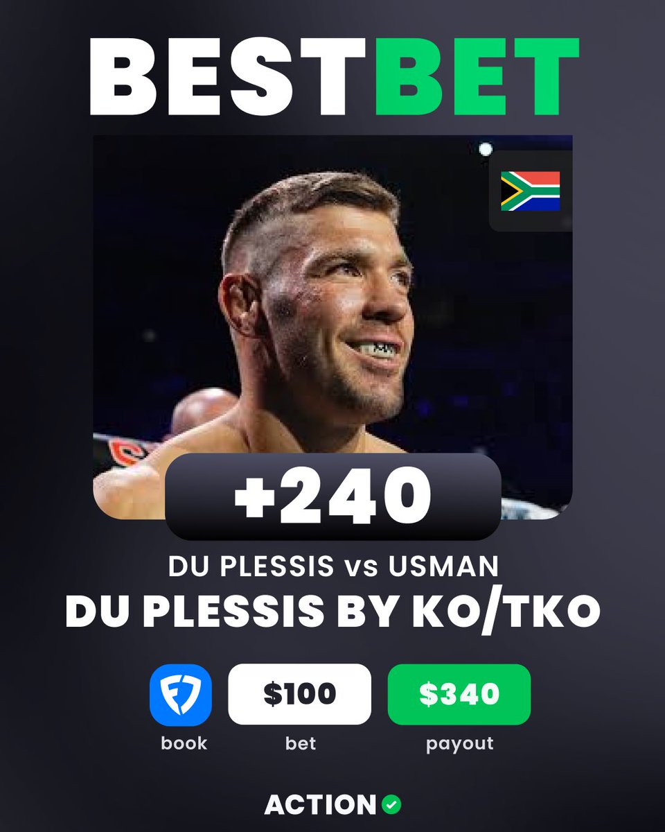 🥊 DU PLESSIS vs USMAN UFC FIGHT NIGHT BEST BET

🇿🇦 DRICUS DU PLESSIS BY KO/TKO
👇 Apply Directly To Your Betslip
https://t.co/V4bZav4nYt

🗣️ "Usman may have the superior gas tank and could offer the superior optics down the stretch in a technical fight; DDP does well to fight through exhaustion as his fights extend, but he also doesn't present the best body language for the cageside judges when scoring his bouts. Usman has as much championship round experience as anyone on the roster. However, Du Plessis has also repeatedly outperformed technical expectations and beaten the eye test. His striking isn't especially clean technically, but he's extremely difficult to prepare for because of his rhythm, pressure and willingness to throw from unusual positions. He's one of the rare fighters whose process often looks worse than his results. Moreover, I strongly prefer DDP's youth and durability to those of an aging opponent who has shown durability concerns late in his career and is coming off a one-year layoff." -@SeanZerillo