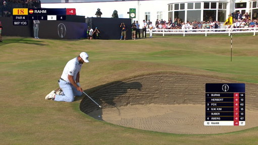 Magical bunker play from Jon Rahm to save par on 18.

He's at -4 heading into the final round. 