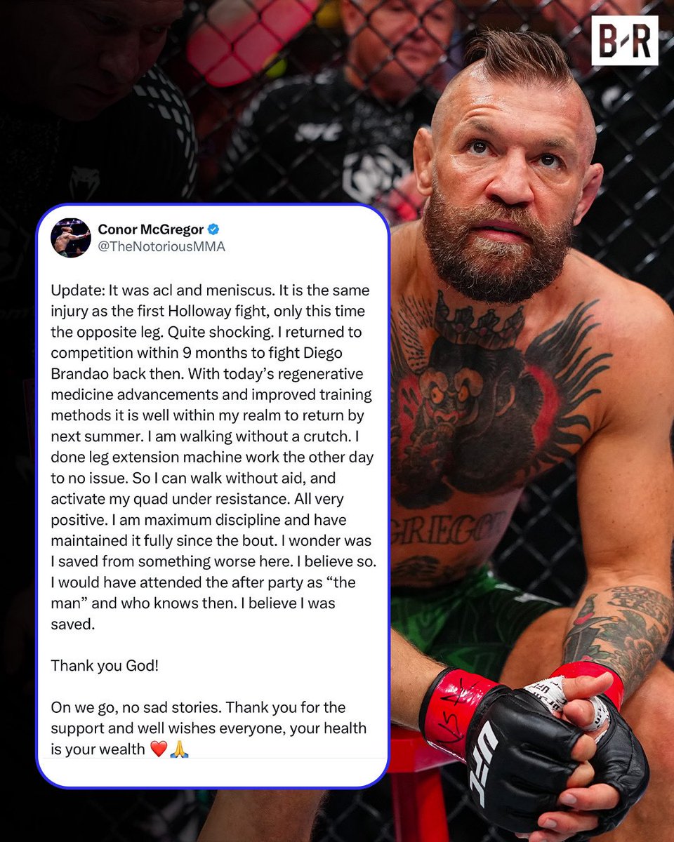 Conor McGregor confirms he injured his ACL and meniscus against Max Holloway 

(via @thenotoriusmma) 