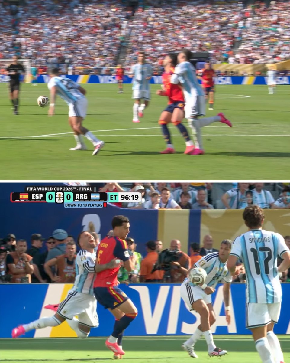 Nico Williams' goal in extra time for Spain was called back after this foul against Nicolás Otamendi. 