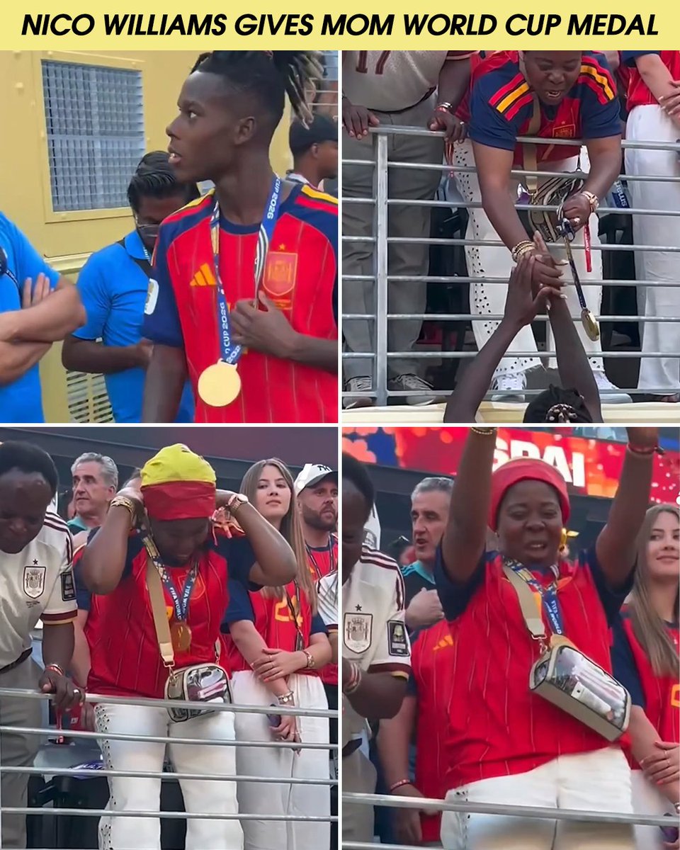 Spain’s Nico Williams gave his mother, Maria, his World Cup winner’s medal after Sunday’s final ❤️💛

Nico's parents trekked some 2,000 miles across the Sahara from Ghana to Spain as refugees. Now, their son is a world champion 🥹 