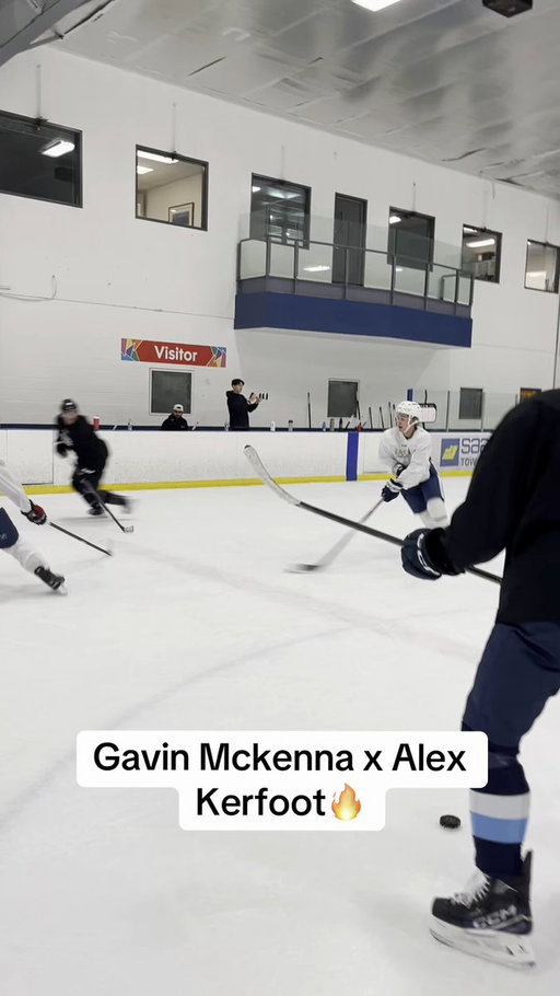 Gavin McKenna doing some 2v1 training with Alex Kerfoot 

🎥: kaivohockey_ | TikTok 