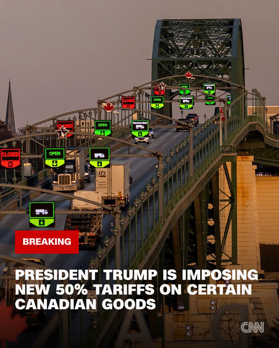 President Trump is imposing new 50% tariffs on certain Canadian goods, which could ignite a fresh trade war with the US' second-top trading partner. https://t.co/XKIrxBY5n7 