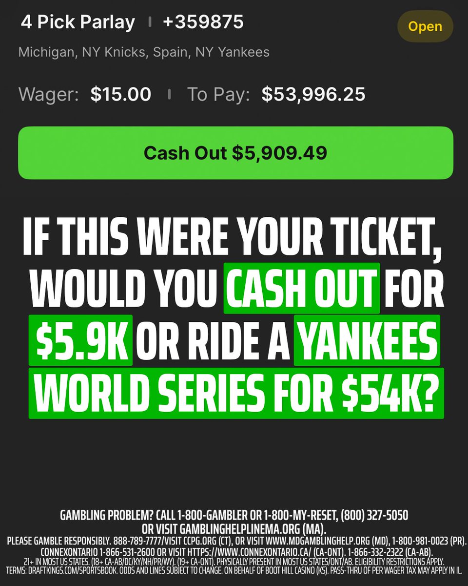 Michigan Natty ✅
Knicks NBA Title ✅
Spain World Cup Title ✅
Yankees World Series ❓

One bettor needs the Yankees to win the World series to win over $53K 😳 