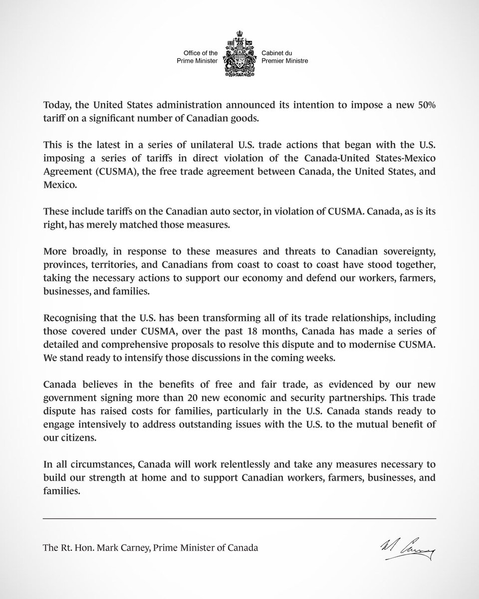 My statement on the United States administration’s intention to impose new tariffs on Canadian goods: 