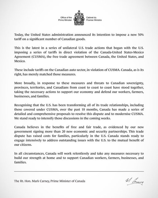 My statement on the United States administration’s intention to impose new tariffs on Canadian goods: 
