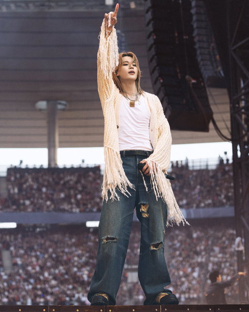 Jimin dressed in Dior for the BTS World Tour Arirang in Paris. 