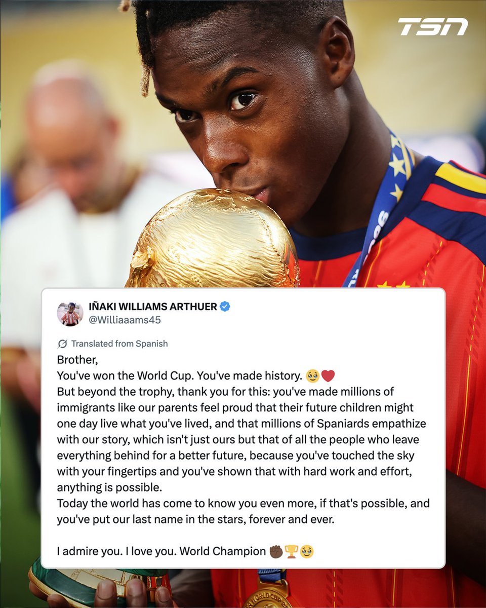 Nico Williams' brother Iñaki shared a heartfelt message after winning the #FIFAWorldCup and inspiring "millions of immigrants like our parents" to remember that anything is possible 🥹👏 