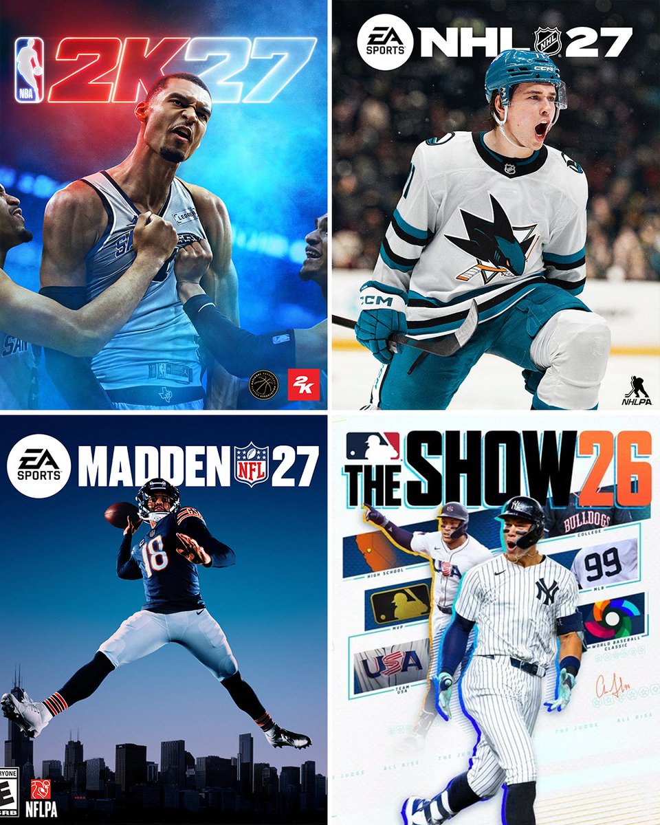The latest 'big 4' video game cover athletes 🎮

🏀 NBA 2K27: Victor Wembanyama
🏒 NHL 27: Macklin Celebrini
🏈 Madden 27: Caleb Williams
⚾️ The Show 26: Aaron Judge 