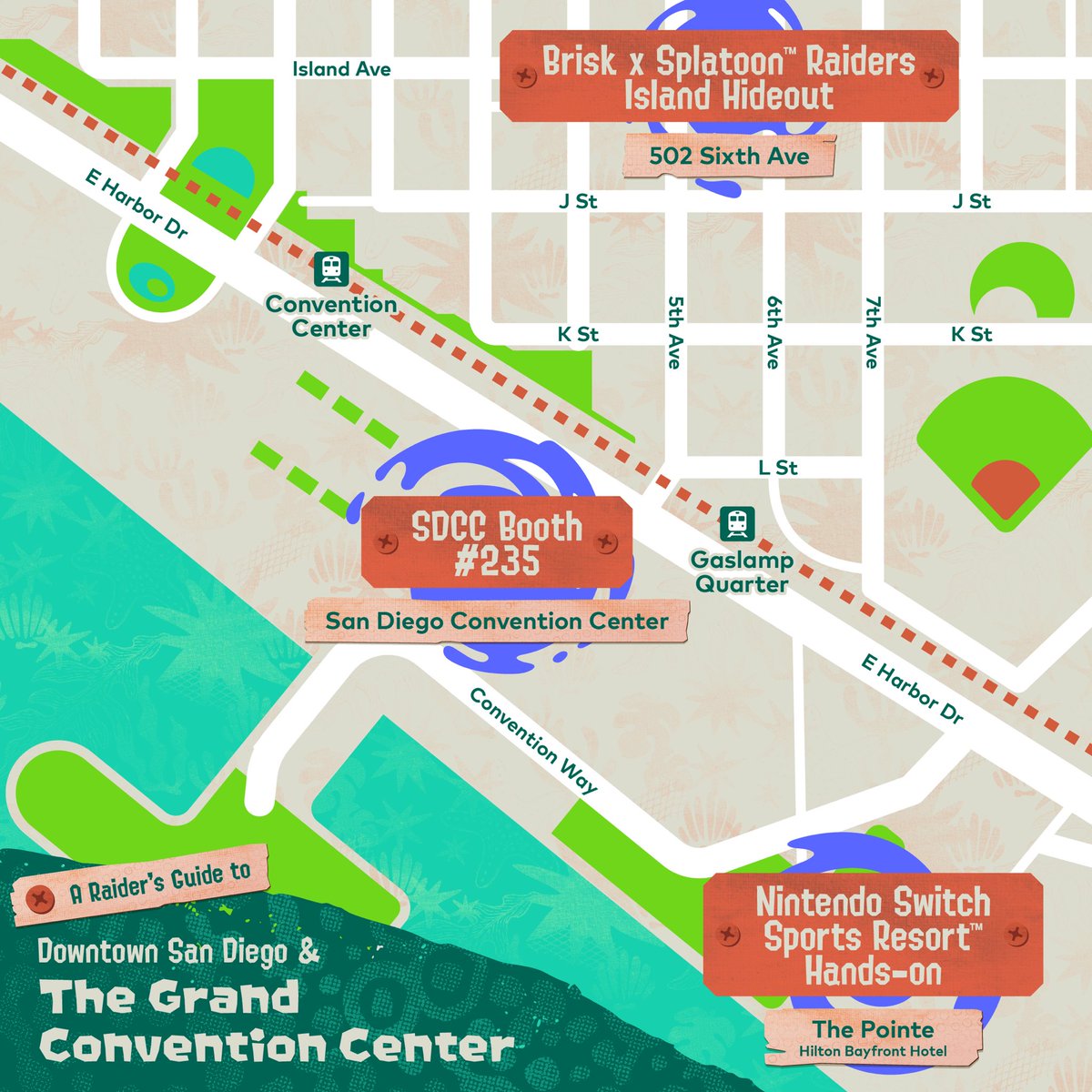 X marks the spot! Here’s all the locations where #SplatoonRaiders and #NintendoSwitchSportsResort will be appearing at San Diego @Comic_Con. 