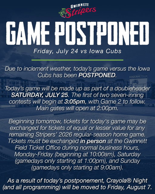Due to inclement weather, tonight’s game versus the @IowaCubs has been postponed. 