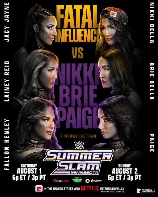 A battle of generations in Minnesota. 

Fatal Influence take on The Bella Twins and Paige in a Six-Woman Tag Team Match at #SummerSlam!

📍: @usbankstadium 
🎟️: https://t.co/kurAkFwHJ6 