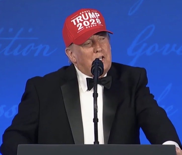 BREAKING: Trump unveils a “Trump 2028” hat at the White House Correspondents’ Dinner. 
