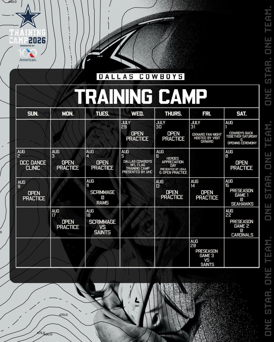 camp calendar 🗓️

plan your trip to Training Camp ➡️ https://t.co/TNQh5omdy5

#CowboysCamp | @AmericanAir 