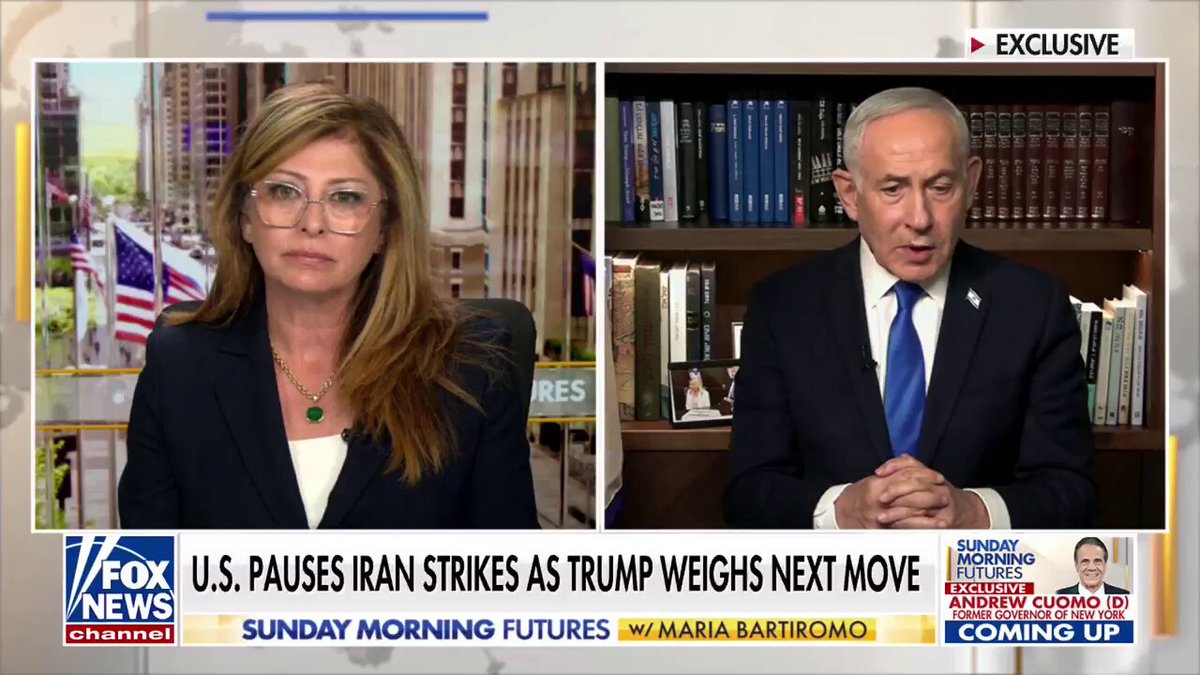 Prime Minister Netanyahu explains what it will take to end the war with Iran.

"I think when this regime is either toppled or it's sufficiently weakened that it knows it has to end its nuclear program and has to change its course."

"That's really what President Trump is trying to achieve. And I backed him fully... But one way or the other, they have to end their nuclear program. And with a deal or without a deal, that has to come to an end," Netanyahu said. | @MariaBartiromo @SundayFutures @netanyahu