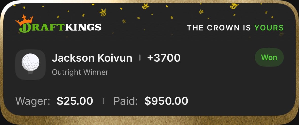 I have not hit a golf outright since January 19th 2025 (Sepp Amex)

It has been a long and I mean LONG 1.5 years. Dark days. Cold nights. All I had to do was turn to a 21 year old who burned the golf nerds a few weeks ago.

Forever a Jackson Koivun guy 🫂✅ 