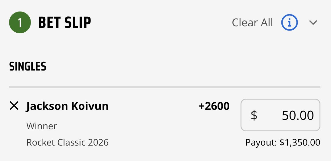 Jackson Koivun opens at +2600 to win the Rocket Classic next week 👀

Would you place this bet? 

Odds via @DKSports 