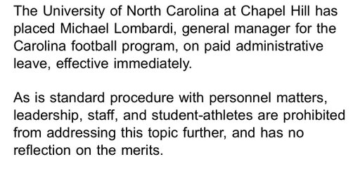 North Carolina GM Michael Lombardi has been placed on paid leave, effective immediately. 