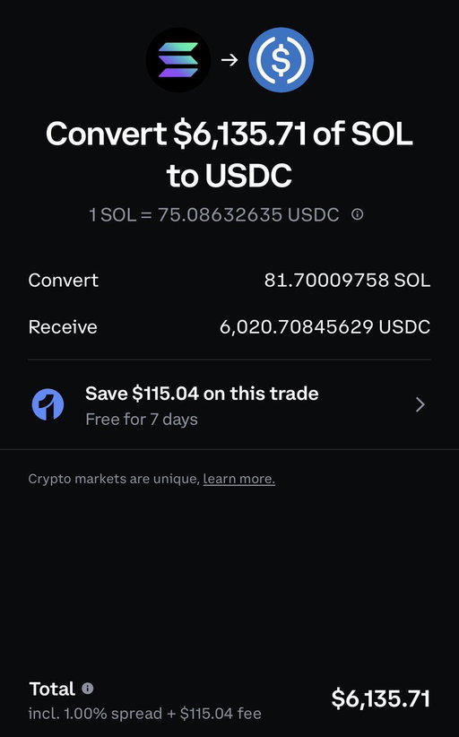 Coinbase wants to charge me $115 to convert $6k from Solana to USDC

@brian_armstrong  what the fuck dude

What can I use instead of Coinbase?

This is basically rape 