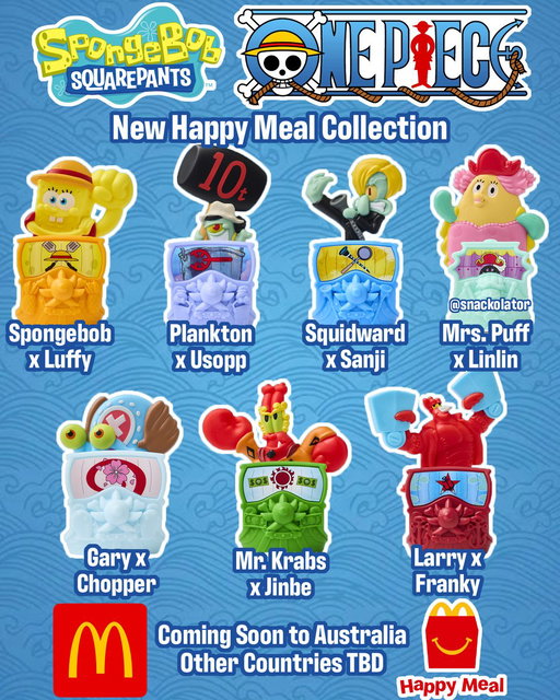 McDonald's is working on a Spongebob x One Piece Happy Meal?! This one could be a HUGE release... the biggest question is which countries will get it!

Coming soon is a new group of Happy Meal toys that feature Spongebob Squarepants characters combined with One Piece. The seven toys (there might be more) are:
Spongebob x Luffy
Plankton x Usopp
Squidward x Sanji
Mrs. Puff x Linlin
Gary x Chopper
Larry x Franky
Mr. Krabs x Jinbe

I am not sure which countries will get this, but it appears to be the next Happy Meal at Macca's (McDonald's in Australia) - it's hard to believe this won't be in a lot more countries.

Would you grab the Spongebob x One Piece Happy Meal collection?

#mcdonalds #fastfood #happymeal #spongebob #onepiece